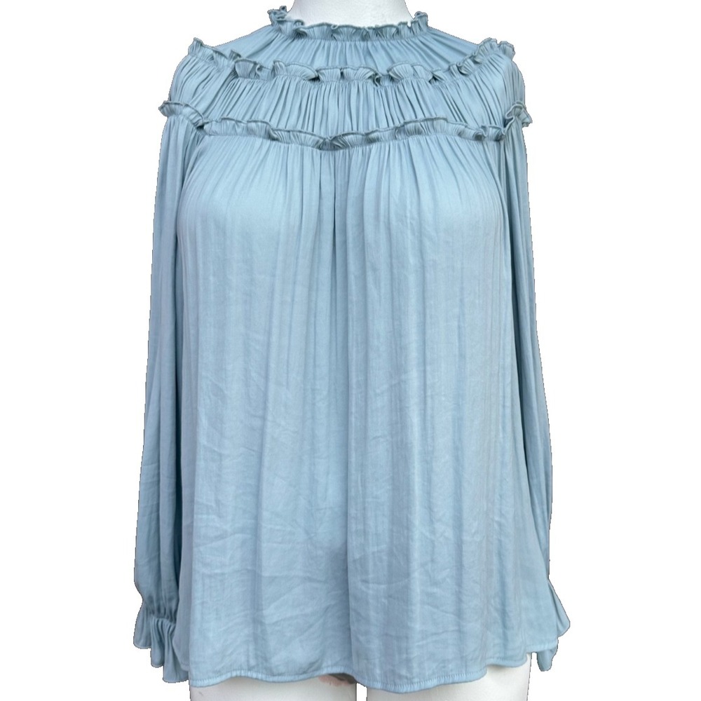 CISTAR NY Elva Ruffle Top S Blue High Neck Pearl Button Romantic Blouse Cottage